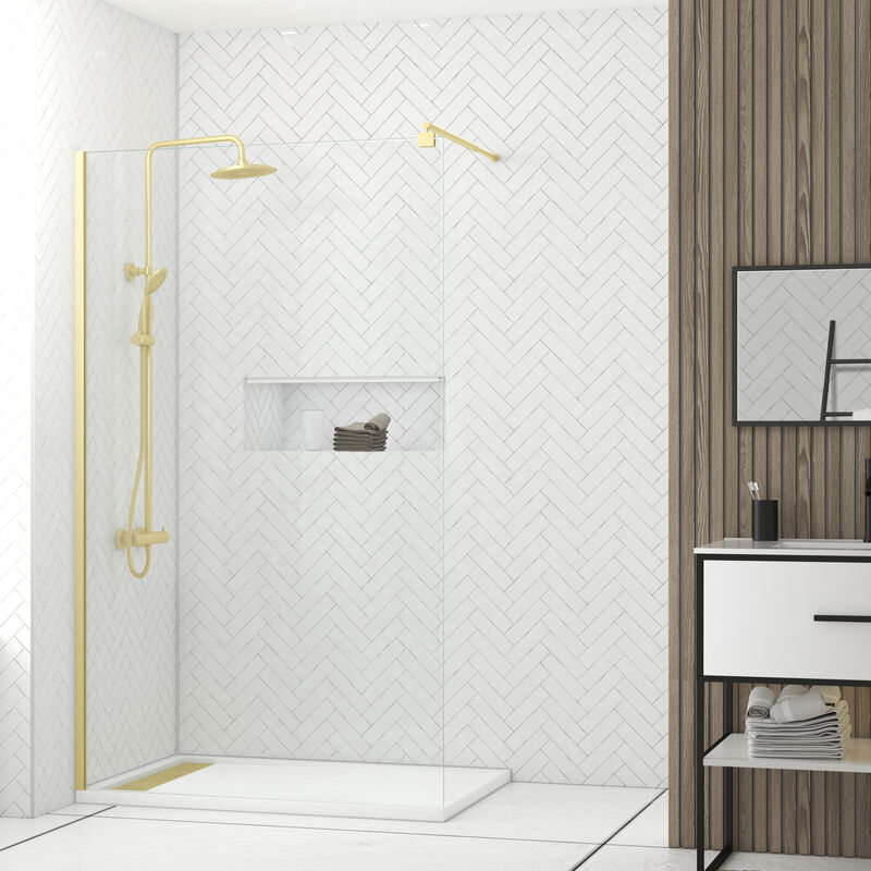 foto del prodotto aurlane pack parete doccia 120x200 piatto effetto pietra 80x120 colonna termostatica oro spazzolato