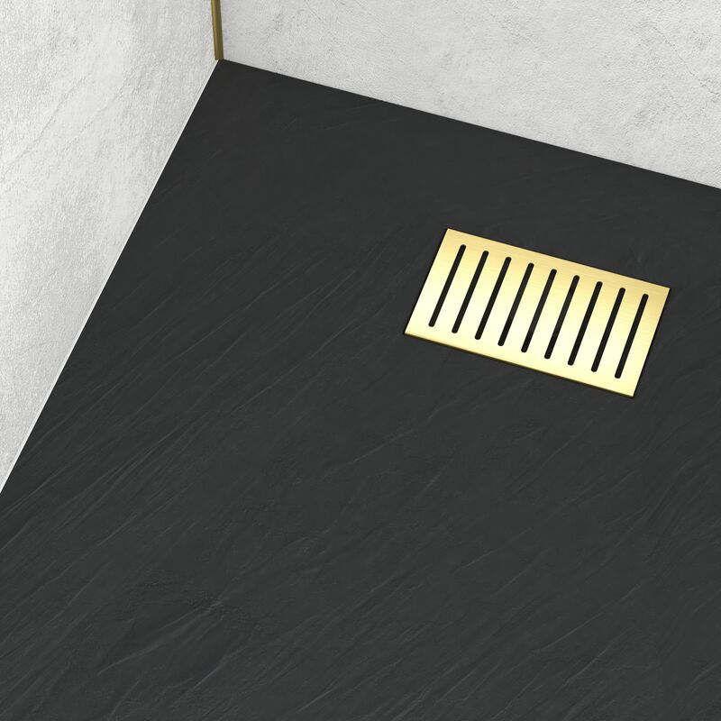 foto del prodotto aurlane pack piatto doccia nero effetto pietra 80x100 cm e griglia motivo lineare oro spazzolato