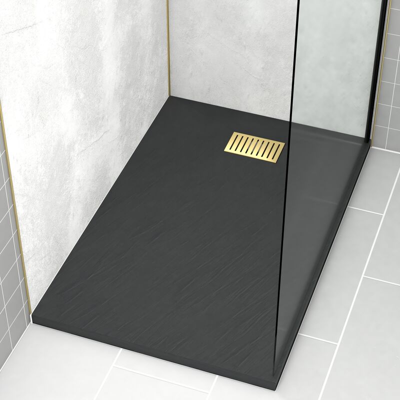 foto del prodotto aurlane pack piatto doccia nero effetto pietra 80x120 cm e griglia motivo lineare oro spazzolato
