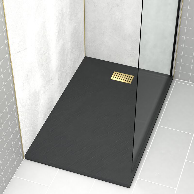 foto del prodotto aurlane pack piatto doccia nero effetto pietra 90x140 cm e griglia motivo lineare oro spazzolato