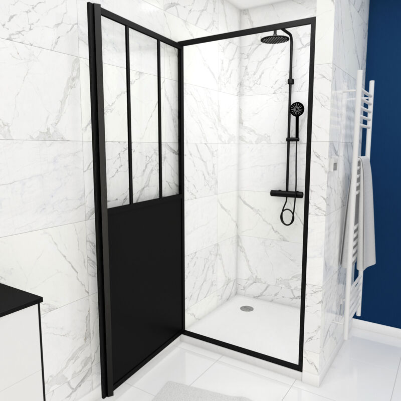foto del prodotto aurlane pack porta doccia pivotante nera 90x200 cm e piatto doccia bianco effetto pietra 90x90x4cm
