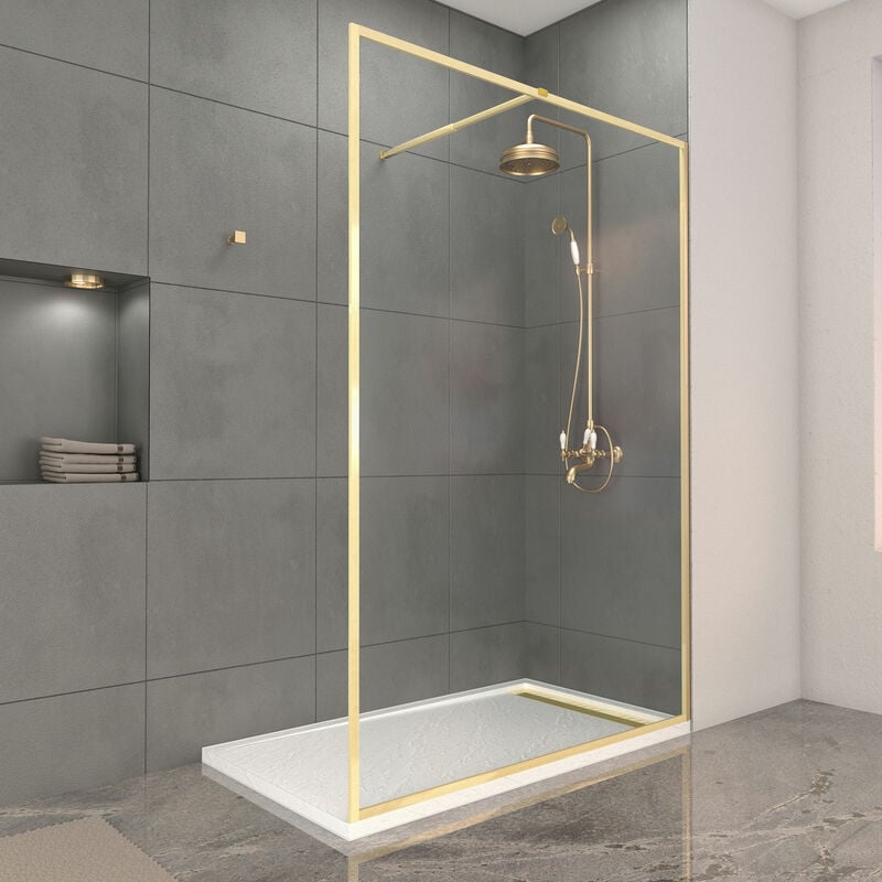 foto del prodotto aurlane parete doccia 140x200cm finitura oro spazzolato piatto doccia effetto pietra 140x80x5cm