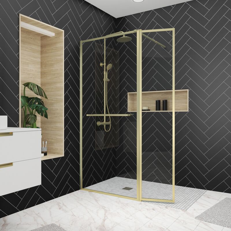 foto del prodotto aurlane parete doccia con deflettore girevole 90 40x200cm portasciugamani e mensola oro spazzolato