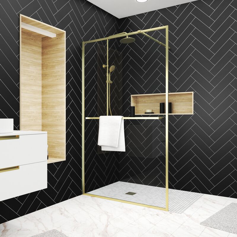foto del prodotto aurlane parete doccia oro spazzolato 120x200cm portasciugamani e mensola