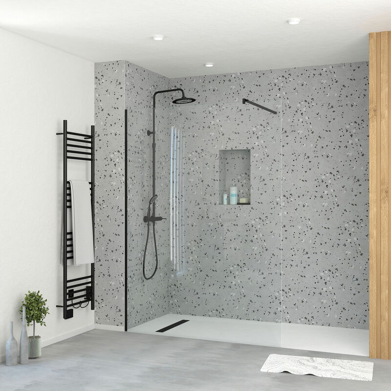 foto del prodotto aurlane parete per doccia 140x195cm vetro 5 mm e finitura nera dark elementary