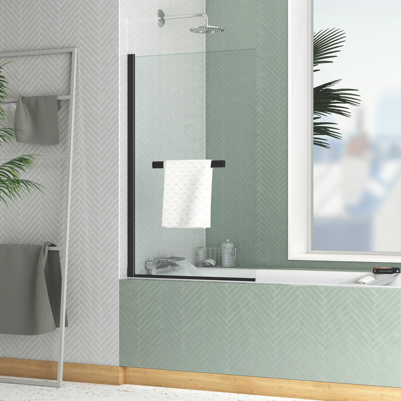 foto del prodotto aurlane parete vasca ribaltabile con portasciugamani 70x120cm profilo nero opaco vetro 4mm elementary