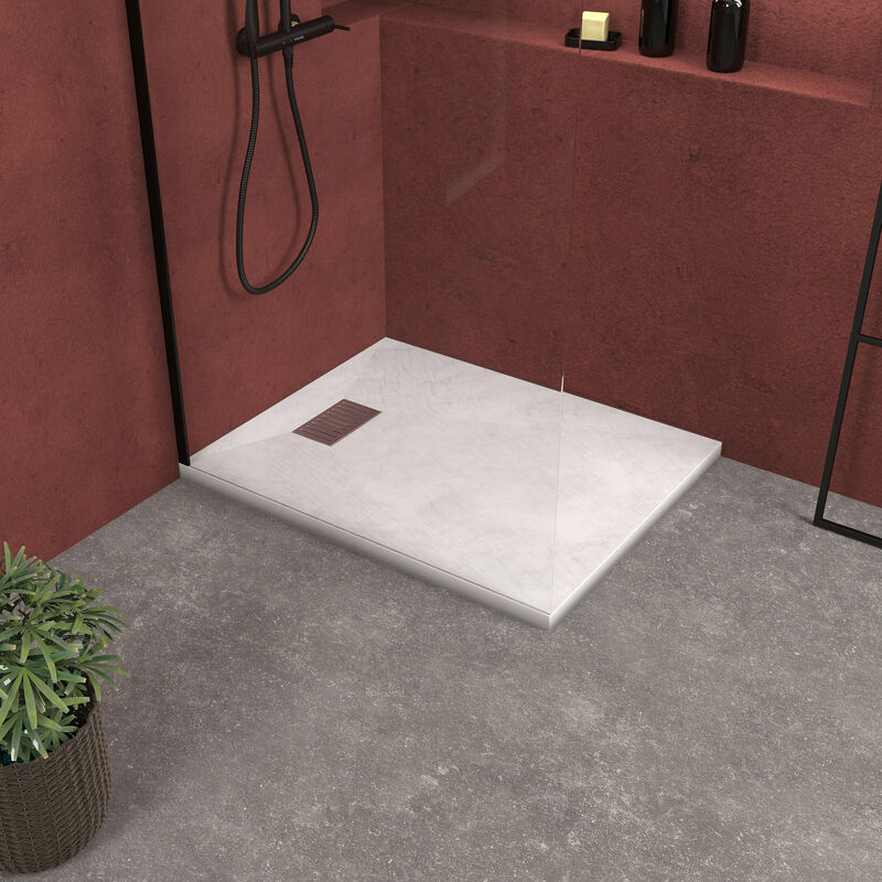 foto del prodotto aurlane piatto doccia bianco effetto pietra 80x100 cm e griglia motivo lineare in acciaio inox