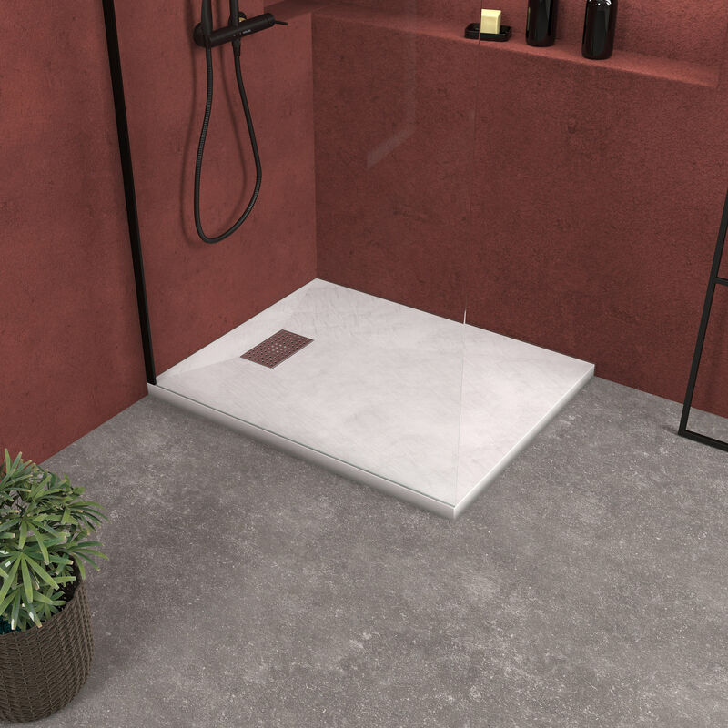 foto del prodotto aurlane piatto doccia bianco effetto pietra 80x100 cm e griglia motivo perforato in acciaio inox