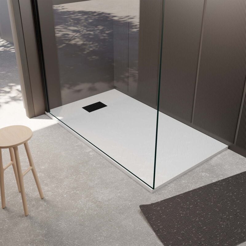 foto del prodotto aurlane piatto doccia bianco effetto pietra 80x120 cm e griglia motivo perforato nero opaco