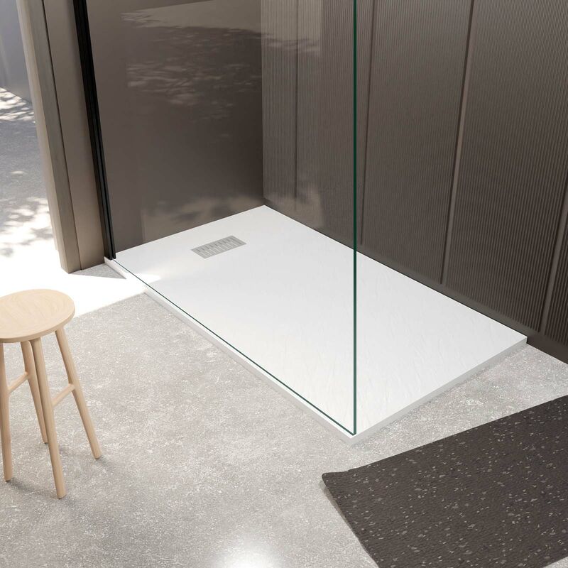 foto del prodotto aurlane piatto doccia bianco effetto pietra 80x140 cm e griglia motivo lineare in acciaio inox