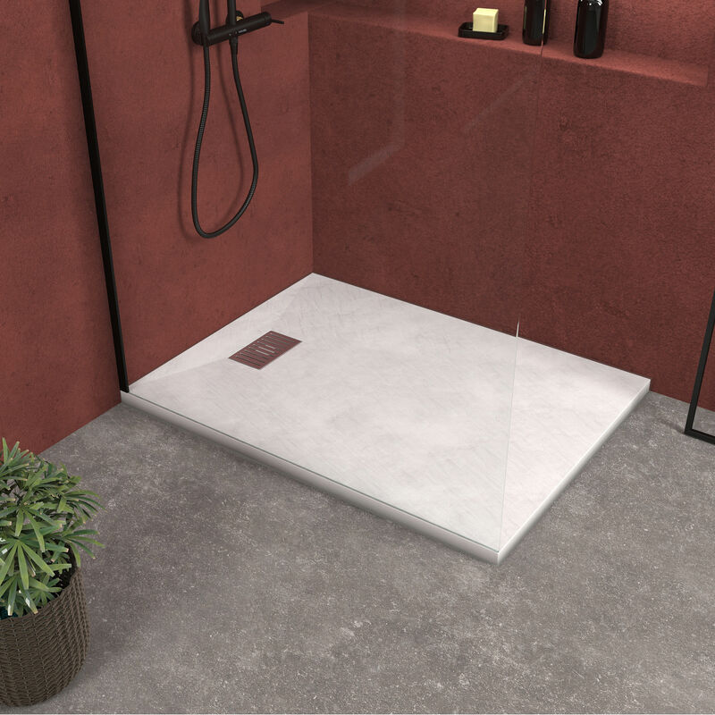 foto del prodotto aurlane piatto doccia bianco effetto pietra 90x120 cm e griglia motivo lineare in acciaio inox