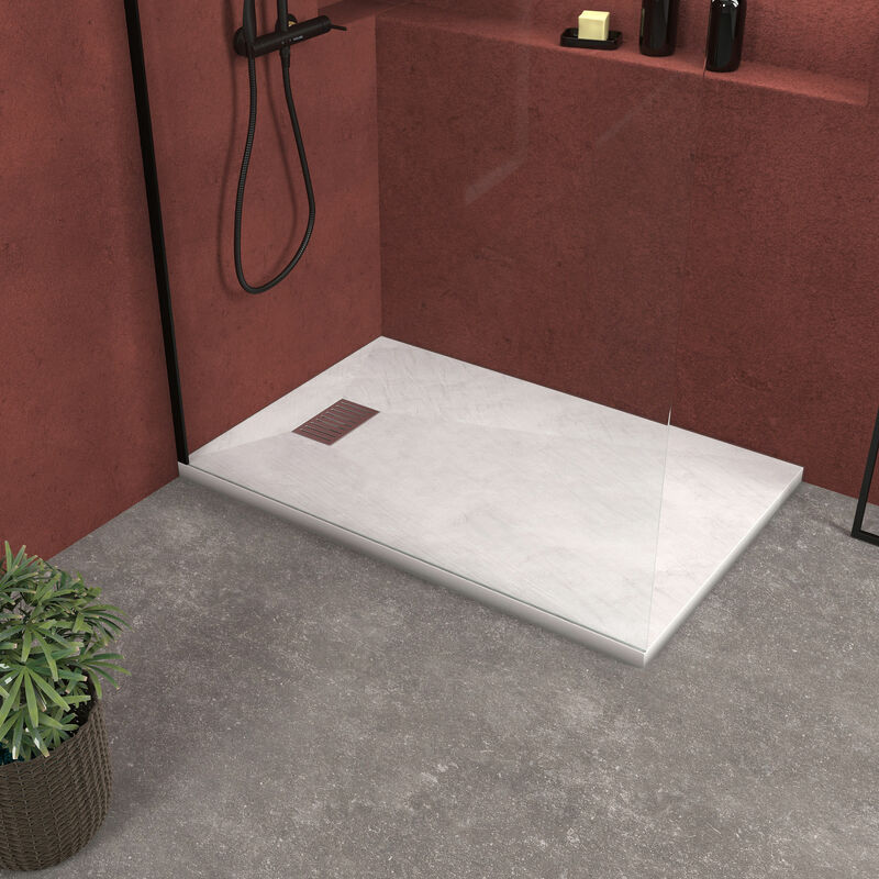foto del prodotto aurlane piatto doccia bianco effetto pietra 90x140 cm e griglia motivo lineare in acciaio inox