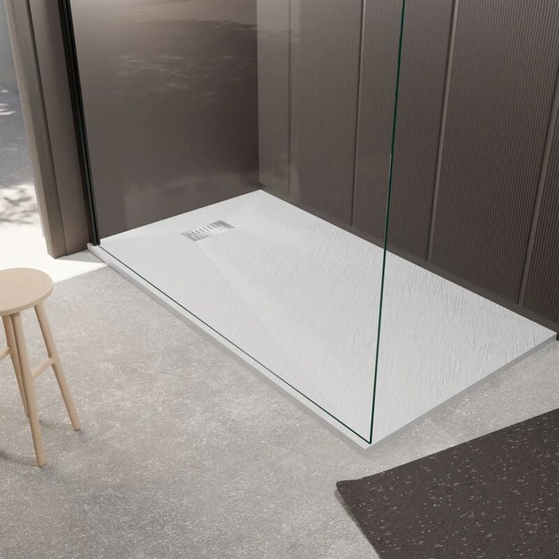 foto del prodotto aurlane piatto doccia bianco effetto pietra 90x160 cm e griglia lineare in acciaio inox