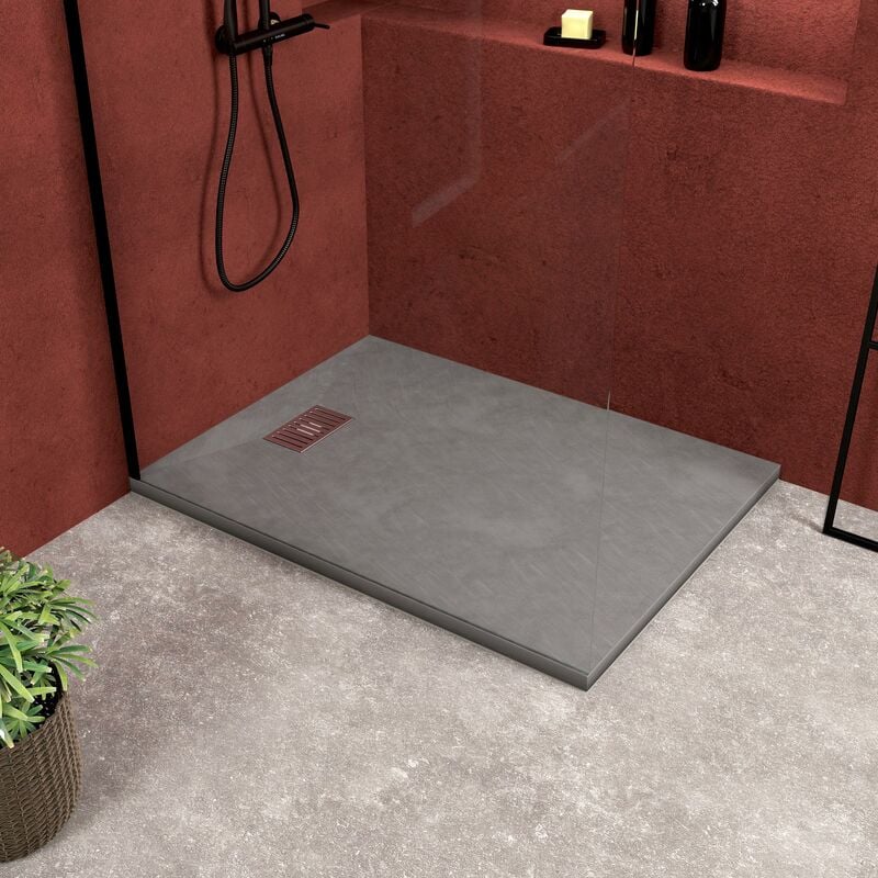 foto del prodotto aurlane piatto doccia grigio effetto pietra 90x120 cm e griglia motivo lineare in acciaio inox