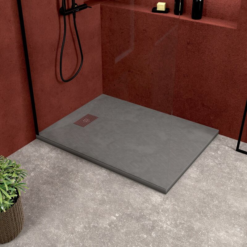 foto del prodotto aurlane piatto doccia grigio effetto pietra 90x120 cm e griglia motivo perforato in acciaio inox