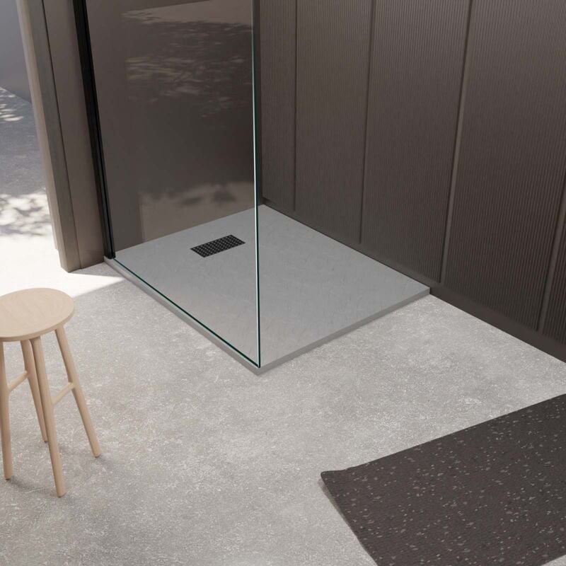 foto del prodotto aurlane piatto doccia grigio effetto pietra 90x120 cm e griglia motivo perforato nero opaco