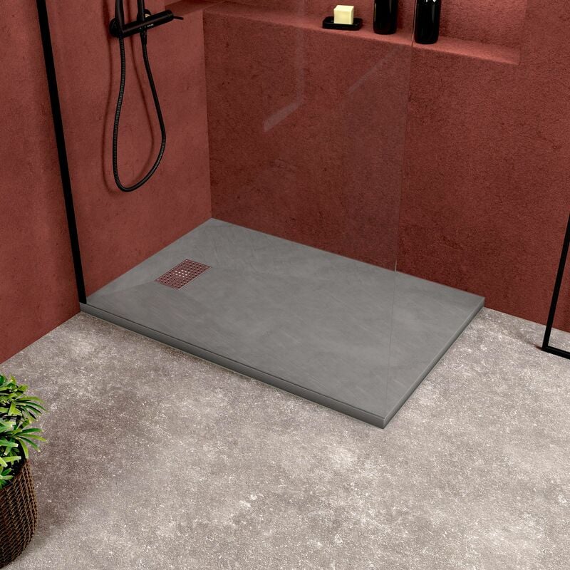 foto del prodotto aurlane piatto doccia grigio effetto pietra 90x140 cm e griglia motivo perforato in acciaio inox