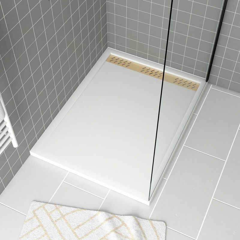 foto del prodotto aurlane piatto doccia in acrilico bianco 90x120x4 cm griglie lineari cromo e oro spazzolato whiteness ii