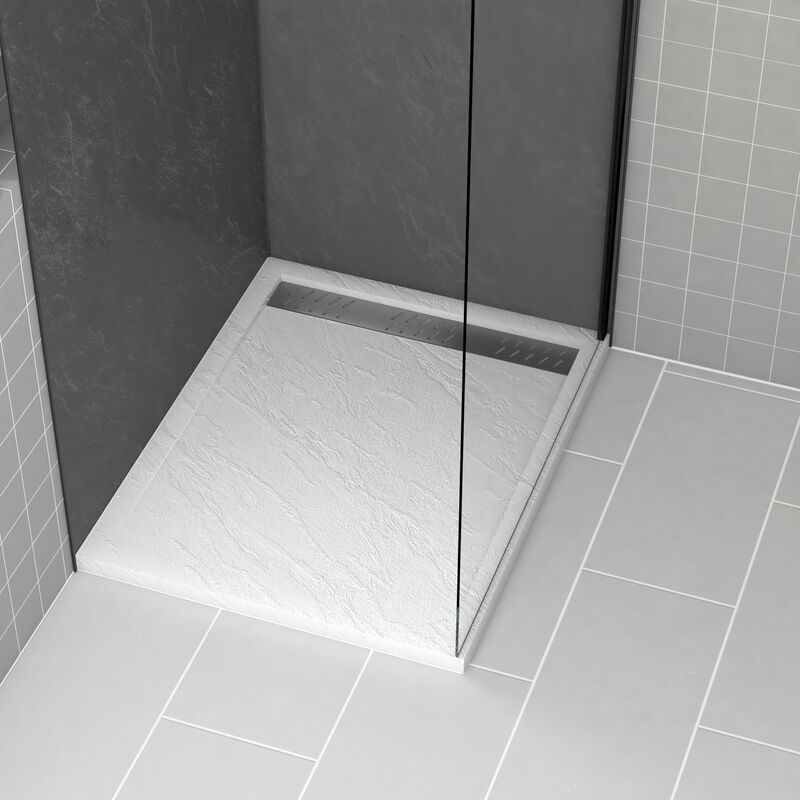 foto del prodotto aurlane piatto doccia in acrilico bianco effetto pietra 100x80x4cm griglie cromo e gun metal