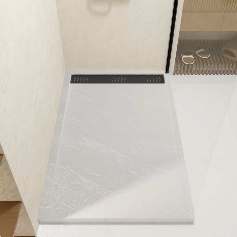 foto del prodotto aurlane piatto doccia in acrilico bianco effetto pietra 140x90x5cm griglie cromo e nera