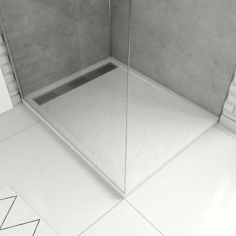 foto del prodotto aurlane piatto doccia in acrilico bianco effetto pietra 80x100x4 cm griglia lineare cromata moon