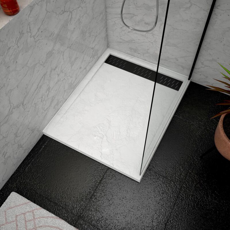 foto del prodotto aurlane piatto doccia in acrilico bianco effetto pietra 80x100x4 cm griglia lineari cromata nera moon