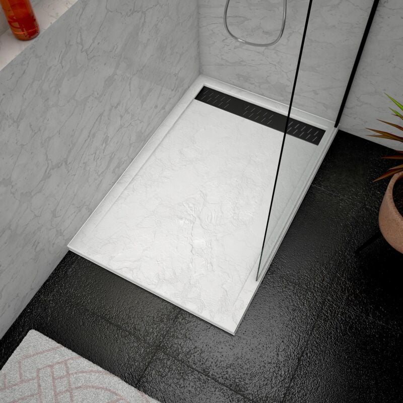 foto del prodotto aurlane piatto doccia in acrilico bianco effetto pietra 80x120x4 cm griglia lineari cromata nera