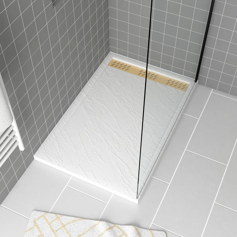 foto del prodotto aurlane piatto doccia in acrilico bianco effetto pietra 80x120x4 cm griglie cromo e oro spazzolato moon