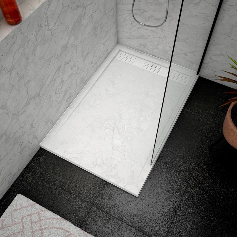 foto del prodotto aurlane piatto doccia in acrilico bianco effetto pietra 80x120x4 cm griglie lineari cromato e bianco opaco