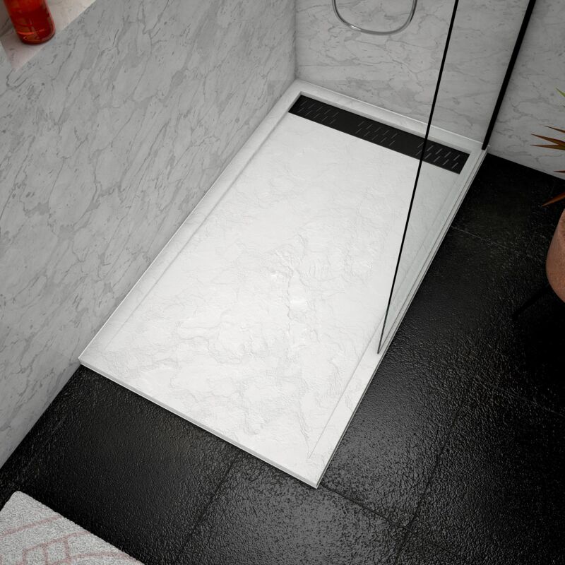 foto del prodotto aurlane piatto doccia in acrilico bianco effetto pietra 80x140x5 cm griglia lineari cromata nera