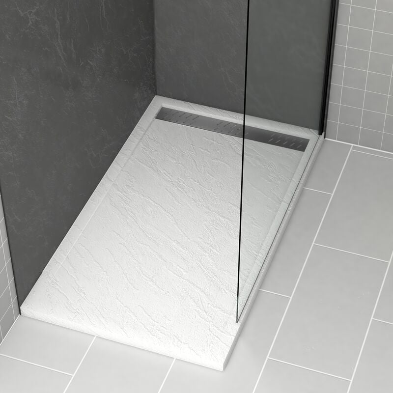 foto del prodotto aurlane piatto doccia in acrilico bianco effetto pietra 80x140x5 cm griglie cromo e gun metal