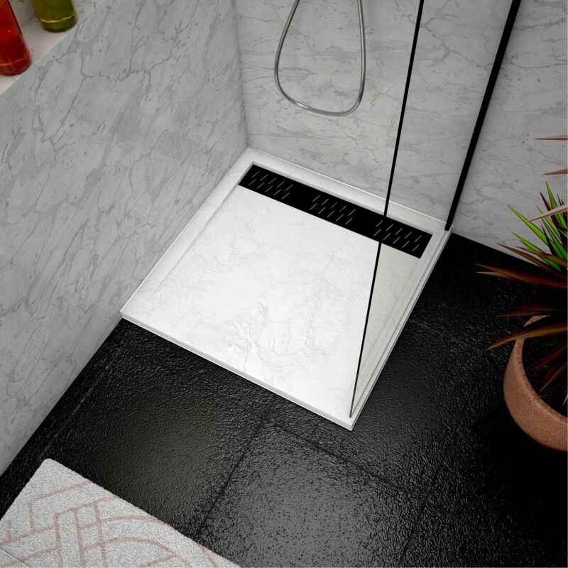 foto del prodotto aurlane piatto doccia in acrilico bianco effetto pietra 80x80x4 cm griglia lineari cromata e nera