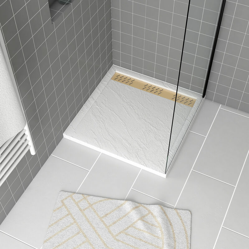 foto del prodotto aurlane piatto doccia in acrilico bianco effetto pietra 80x80x4 cm griglie cromo e oro spazzolato moon