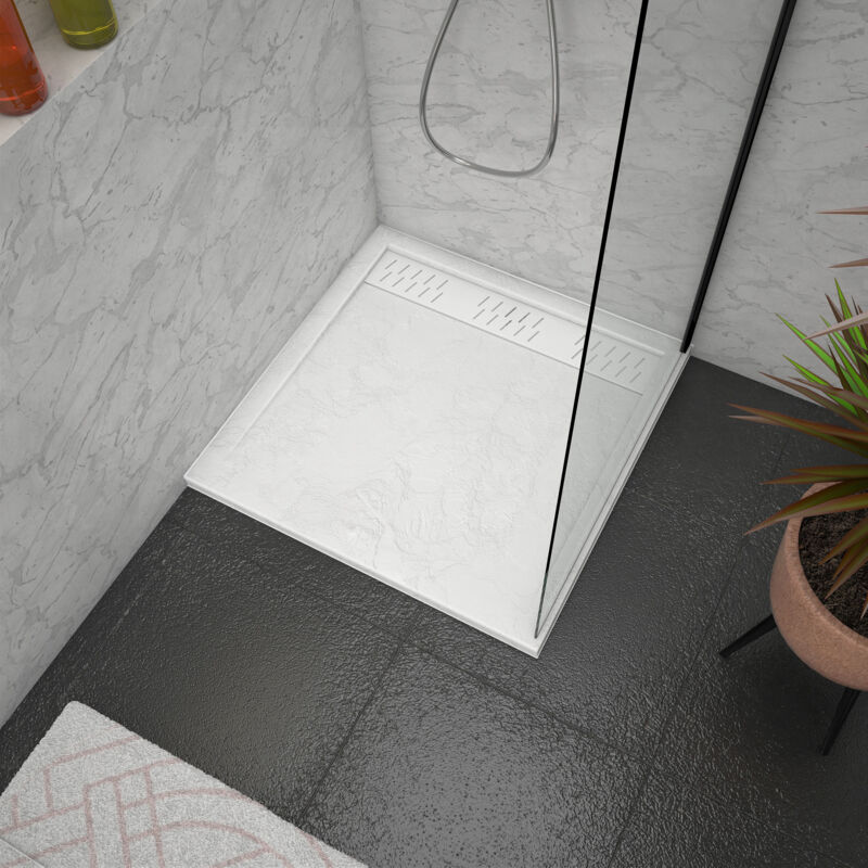 foto del prodotto aurlane - piatto doccia in acrilico bianco effetto pietra 80x80x4 cm griglie lineari cromato e bianco opaco