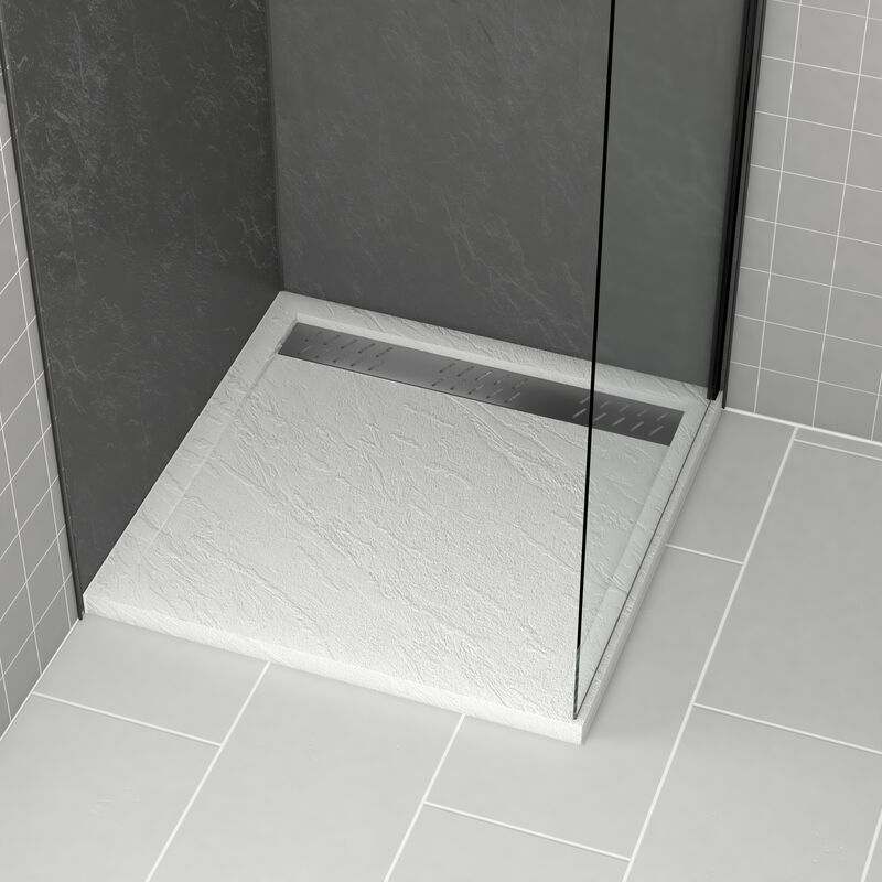 foto del prodotto aurlane piatto doccia in acrilico bianco effetto pietra 80x80x4cm griglie cromo e gun metal