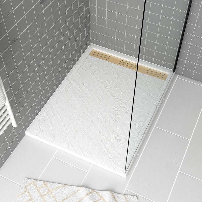 foto del prodotto aurlane piatto doccia in acrilico bianco effetto pietra 90x120x4 cm griglie cromo e oro spazzolato moon