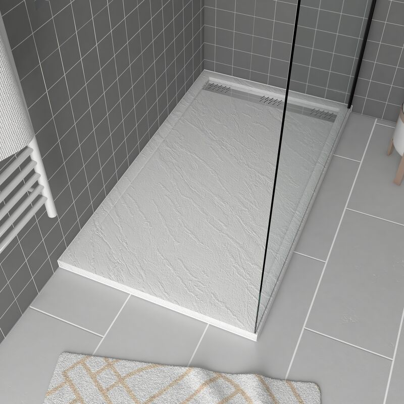 foto del prodotto aurlane piatto doccia in acrilico bianco effetto pietra 90x140x5 cm griglia lineare cromata moon