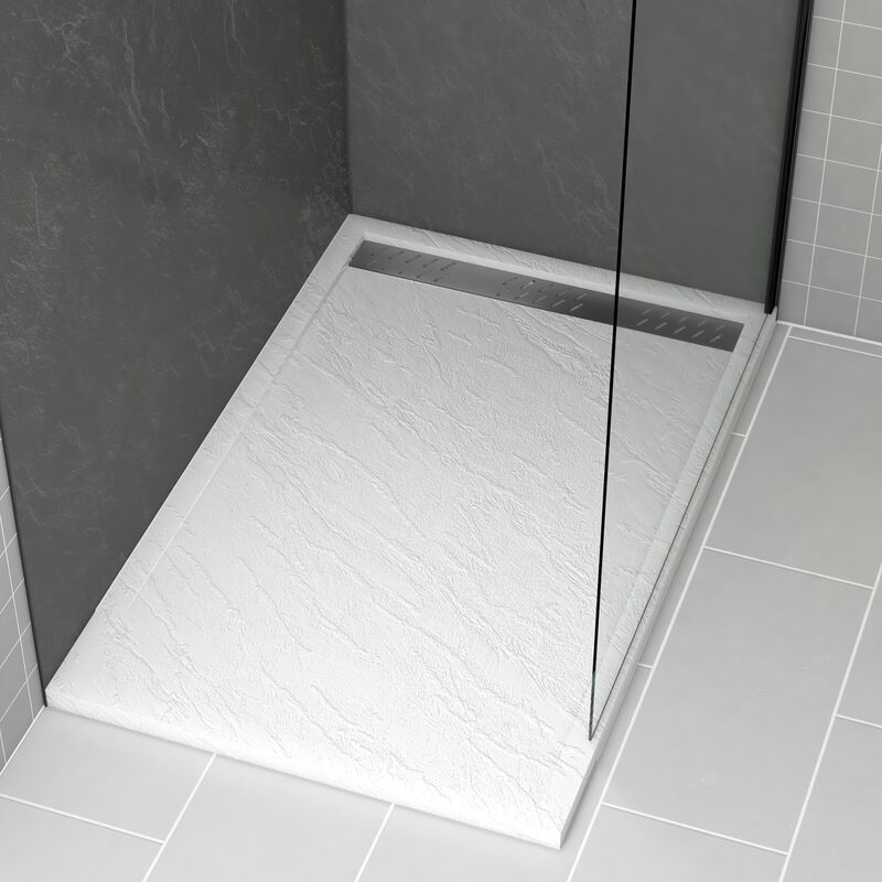 foto del prodotto aurlane piatto doccia in acrilico bianco effetto pietra 90x140x5 cm griglie cromo e gun metal