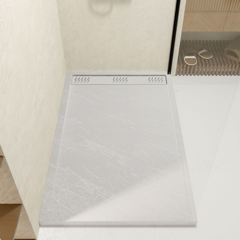 foto del prodotto aurlane piatto doccia in acrilico bianco effetto pietra 90x140x5 cm griglie lineari cromato e bianco opaco