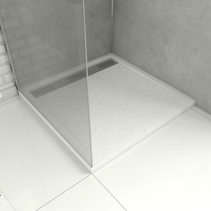 foto del prodotto aurlane piatto doccia in acrilico bianco effetto pietra 90x90x4 cm griglia lineare cromata moon