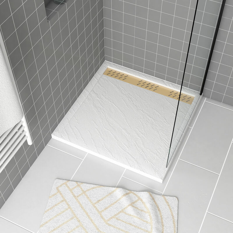 foto del prodotto aurlane piatto doccia in acrilico bianco effetto pietra 90x90x4 cm griglie cromo e oro spazzolato moon