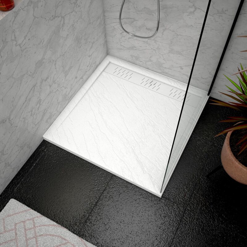 foto del prodotto aurlane piatto doccia in acrilico bianco effetto pietra 90x90x4 cm griglie lineari cromato e bianco opaco