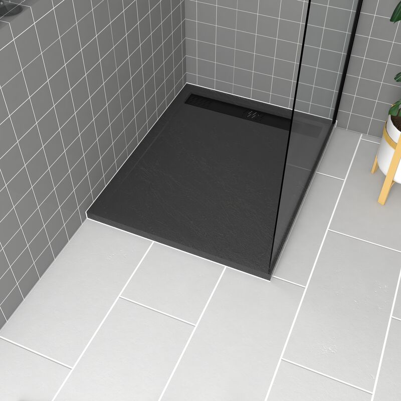 foto del prodotto aurlane piatto doccia in acrilico grigio effetto pietra 80x100x4 cm griglie cromo e nero opaco meteora