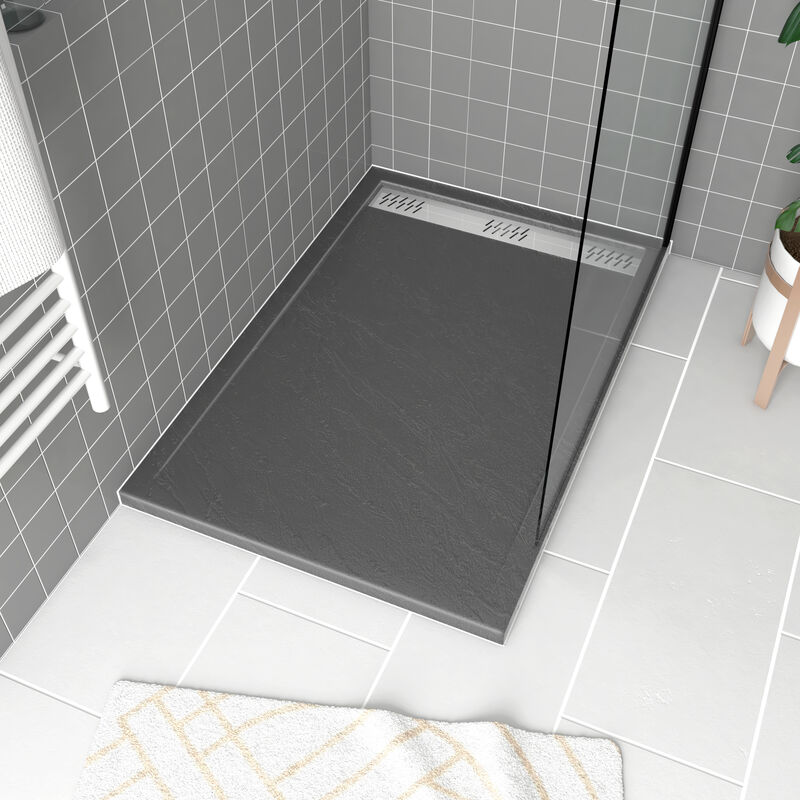 foto del prodotto aurlane piatto doccia in acrilico grigio effetto pietra 80x140x5 cm griglia lineare cromata meteora