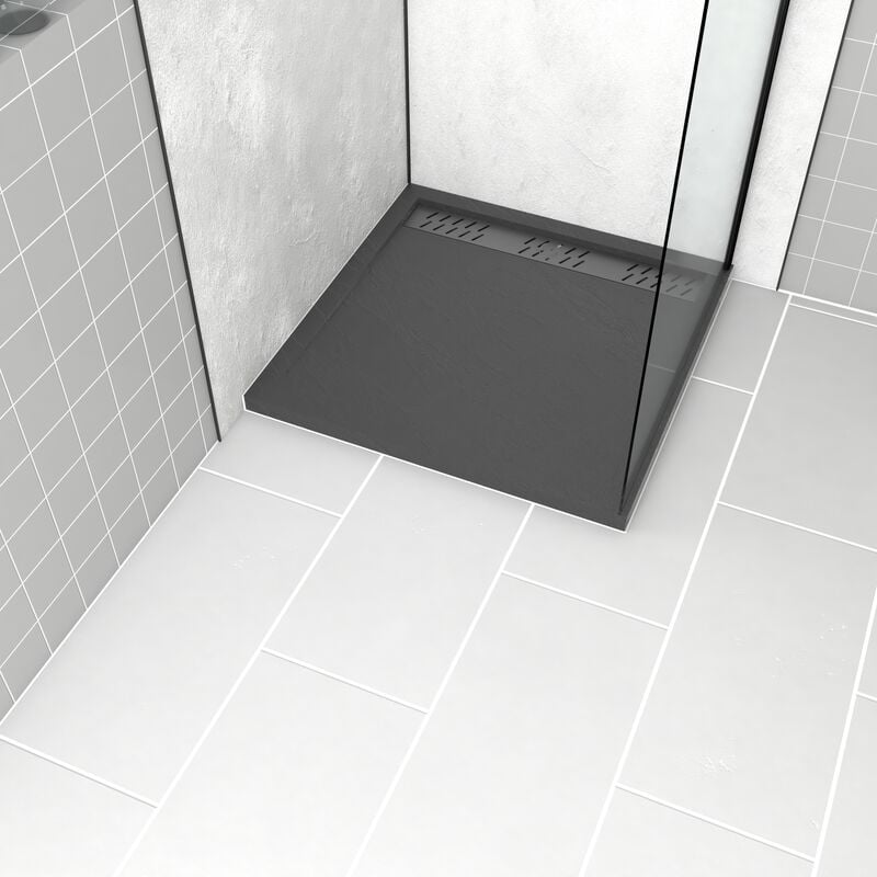 foto del prodotto aurlane piatto doccia in acrilico grigio effetto pietra 80x80x4cm griglie cromo e gun metal meteora