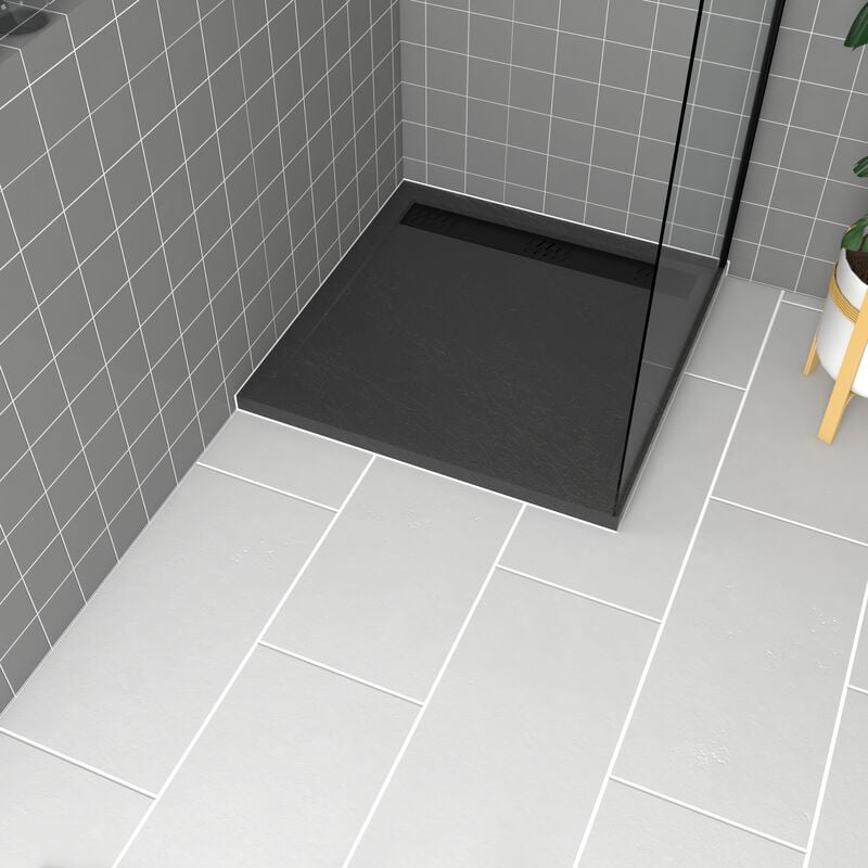 foto del prodotto aurlane piatto doccia in acrilico grigio effetto pietra 90x90x4 cm griglie cromo e nero opaco meteora