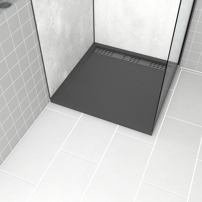 foto del prodotto aurlane piatto doccia in acrilico grigio effetto pietra 90x90x4cm griglie cromo e gun metal meteora