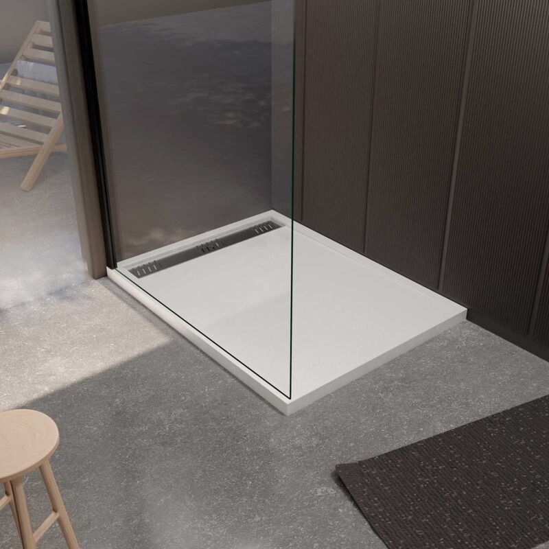 foto del prodotto aurlane piatto doccia in resina epossidica effetto granito bianco 80x120x3cm griglia cromata