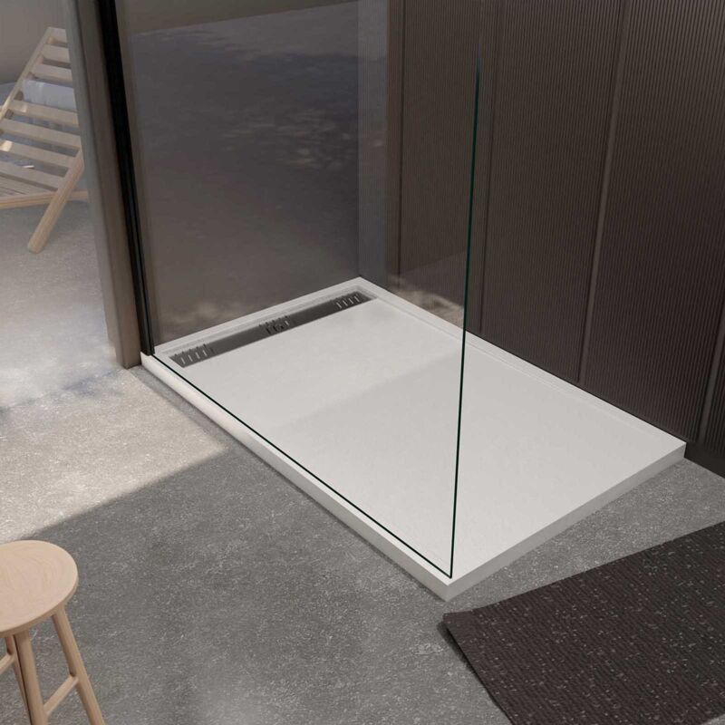 foto del prodotto aurlane piatto doccia in resina epossidica effetto granito bianco 90x140x3cm griglia cromata