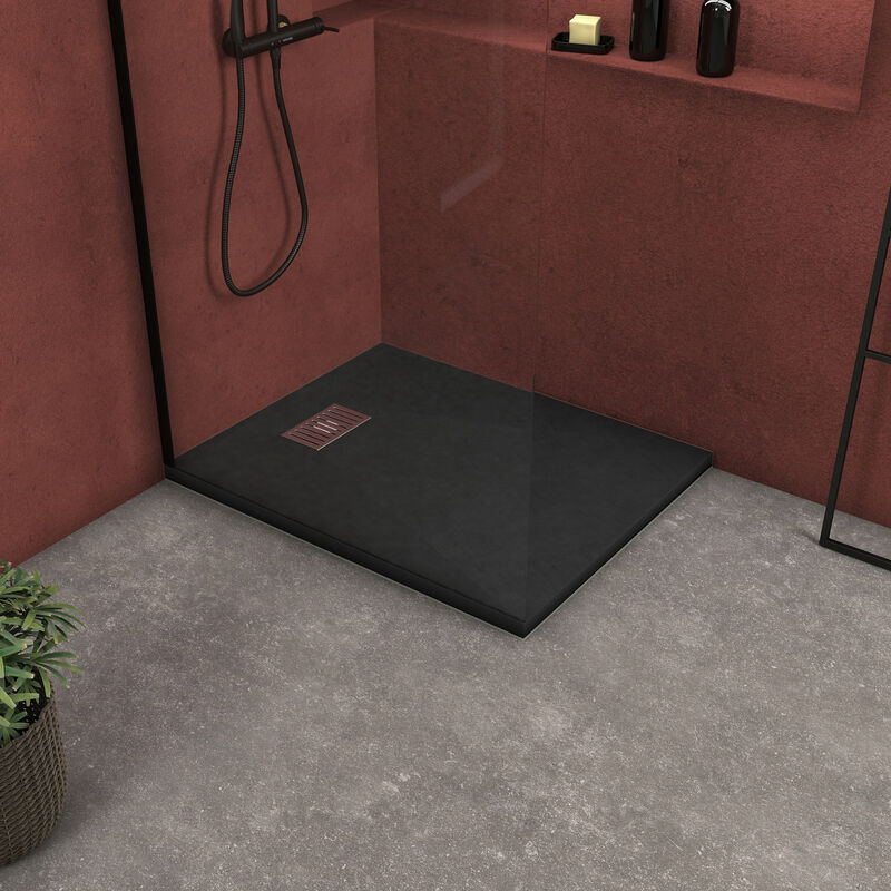 foto del prodotto aurlane piatto doccia nero effetto pietra 80x100 cm e griglia motivo lineare in acciaio inox